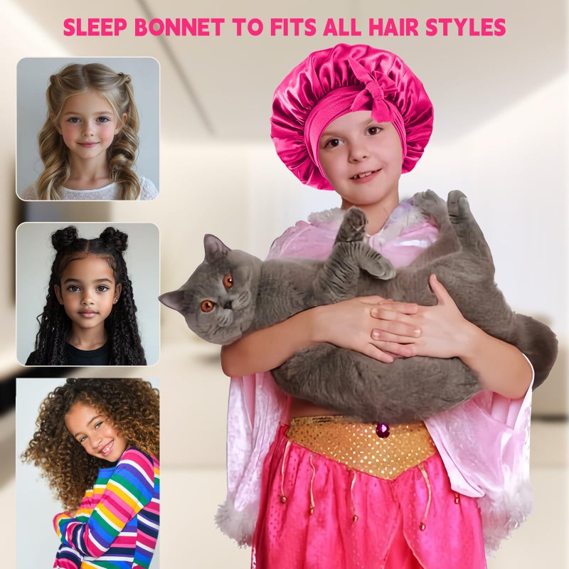 Confvrter 2 PCS Kids Bonnets for Girls, Silk Bonnet for Kids, Satin Bonnet for Sleeping, Baby Toddler Hair Cap with Tie Band Pink - Image 2