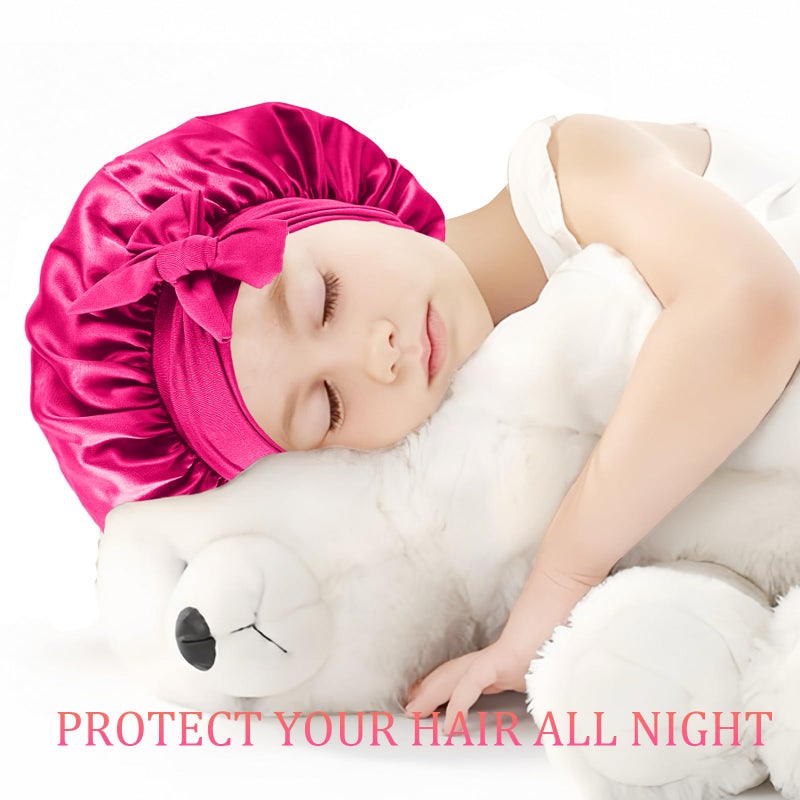 Confvrter 2 PCS Kids Bonnets for Girls, Silk Bonnet for Kids, Satin Bonnet for Sleeping, Baby Toddler Hair Cap with Tie Band Pink - Image 4