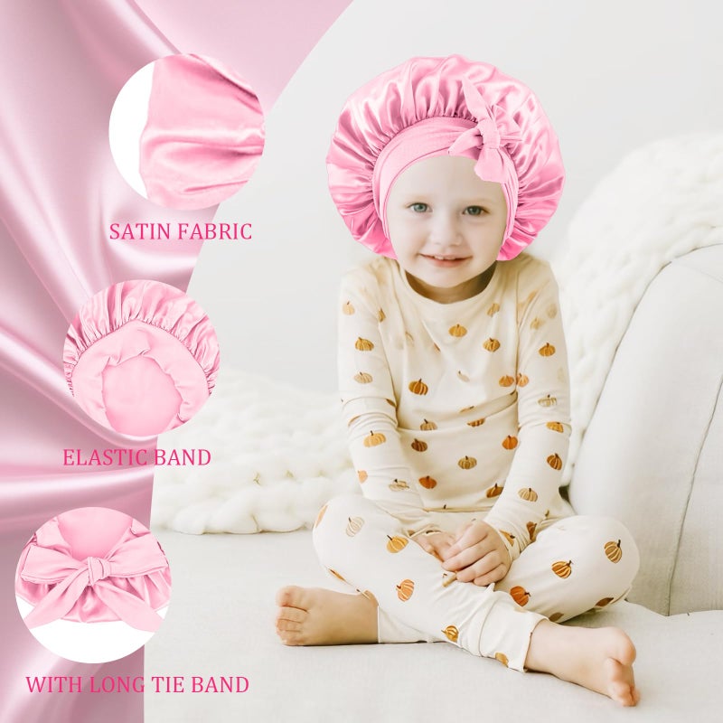 Confvrter 2 PCS Kids Bonnets for Girls, Silk Bonnet for Kids, Satin Bonnet for Sleeping, Baby Toddler Hair Cap with Tie Band Pink - Image 3