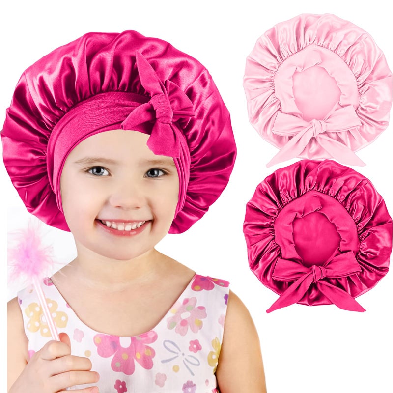 Confvrter 2 PCS Kids Bonnets for Girls, Silk Bonnet for Kids, Satin Bonnet for Sleeping, Baby Toddler Hair Cap with Tie Band Pink - Image 1