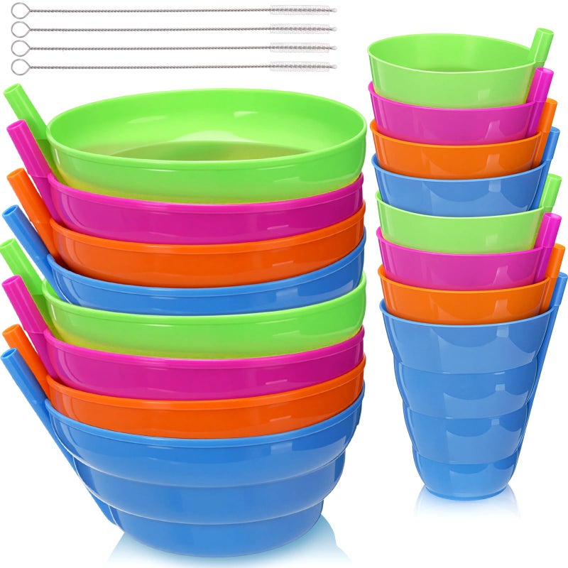 LemonRoad 20 Pack Cereal Bowls with Straws Colorful 8 Pcs 16 oz Bowls and 8 Pcs 10 oz Cups Both with Built in Straw Includes 4 Pieces Cleaning Brushes Reusable Dishwasher for Milk Soup(Round) - Image 1