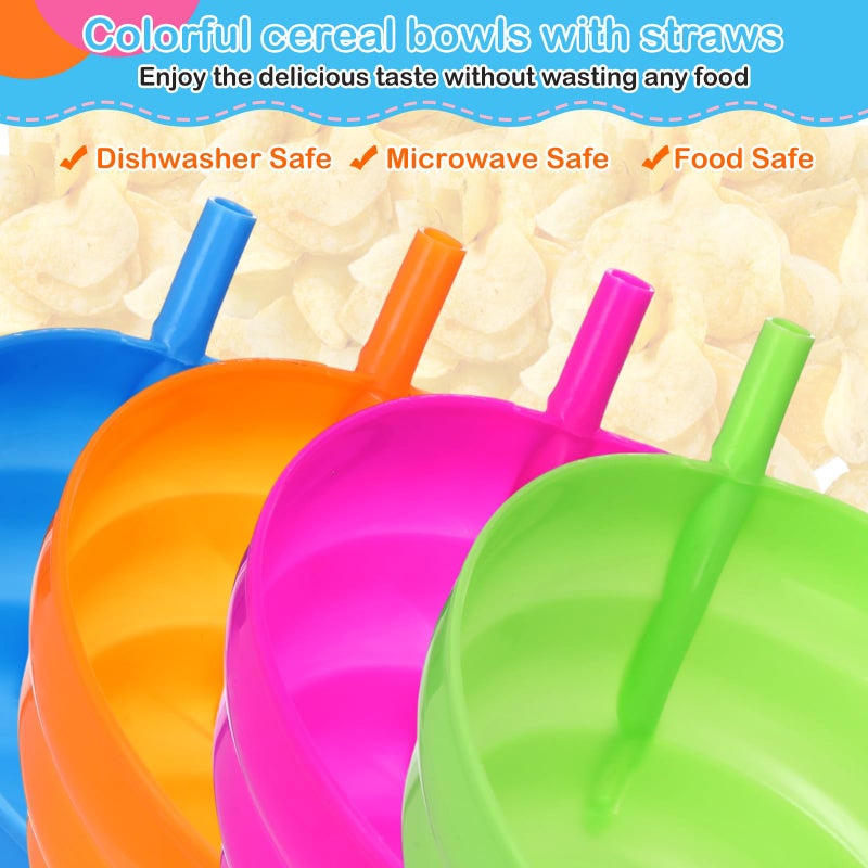 LemonRoad 20 Pack Cereal Bowls with Straws Colorful 8 Pcs 16 oz Bowls and 8 Pcs 10 oz Cups Both with Built in Straw Includes 4 Pieces Cleaning Brushes Reusable Dishwasher for Milk Soup(Round) - Image 4