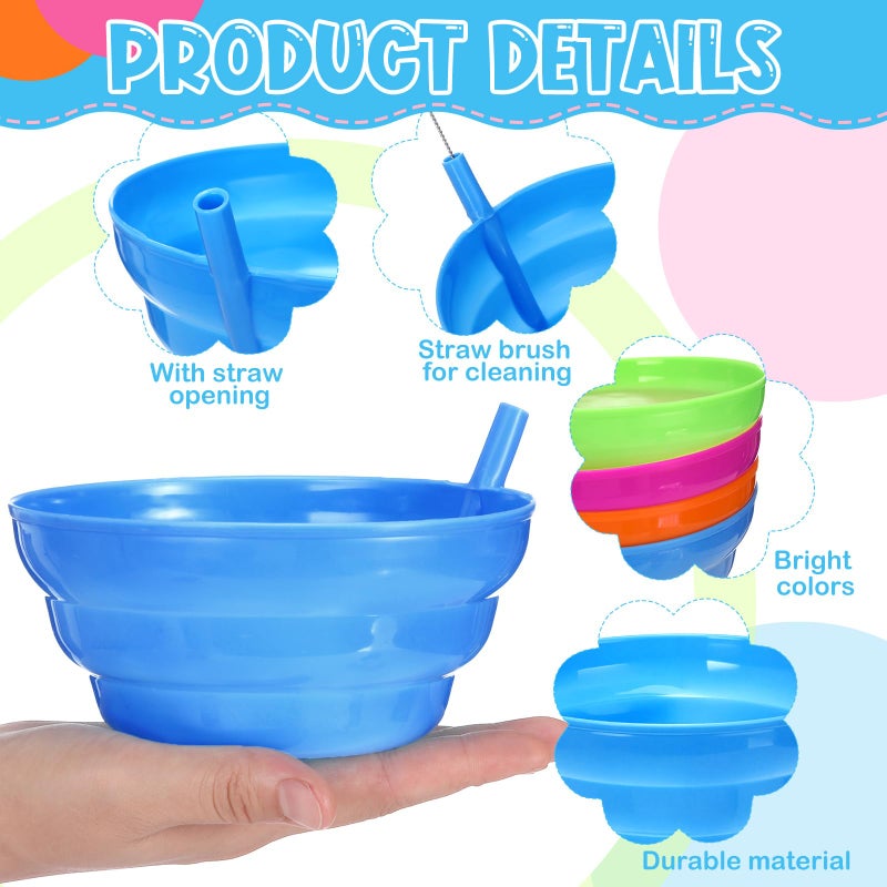 LemonRoad 20 Pack Cereal Bowls with Straws Colorful 8 Pcs 16 oz Bowls and 8 Pcs 10 oz Cups Both with Built in Straw Includes 4 Pieces Cleaning Brushes Reusable Dishwasher for Milk Soup(Round) - Image 3