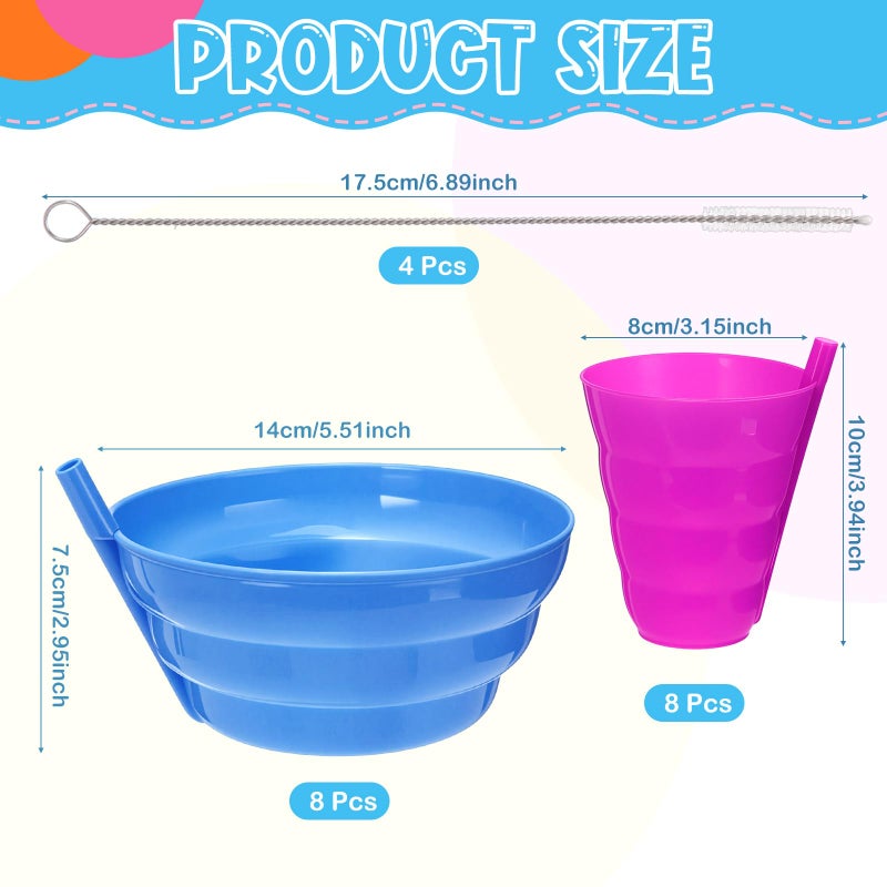 LemonRoad 20 Pack Cereal Bowls with Straws Colorful 8 Pcs 16 oz Bowls and 8 Pcs 10 oz Cups Both with Built in Straw Includes 4 Pieces Cleaning Brushes Reusable Dishwasher for Milk Soup(Round) - Image 2