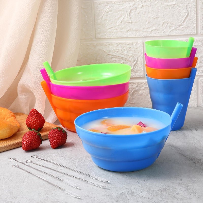 LemonRoad 20 Pack Cereal Bowls with Straws Colorful 8 Pcs 16 oz Bowls and 8 Pcs 10 oz Cups Both with Built in Straw Includes 4 Pieces Cleaning Brushes Reusable Dishwasher for Milk Soup(Round) - Image 5