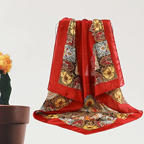 CHLINS 27 Inches Silk Feeling Square Head Scarf - 4 Pcs Satin Square Head Scarves for Women Hair Bandanas (Red+Black+Beige+Camel) - Image 4