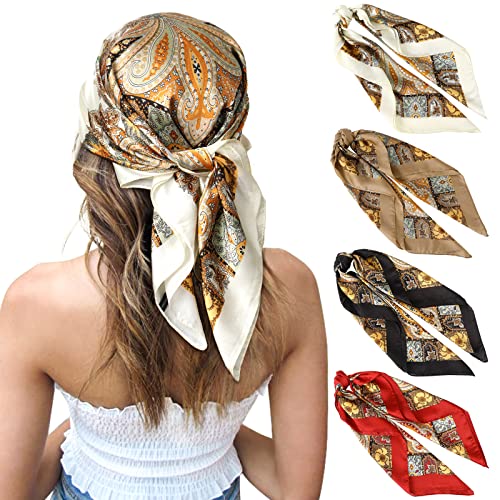 CHLINS 27 Inches Silk Feeling Square Head Scarf - 4 Pcs Satin Square Head Scarves for Women Hair Bandanas (Red+Black+Beige+Camel) - Image 1