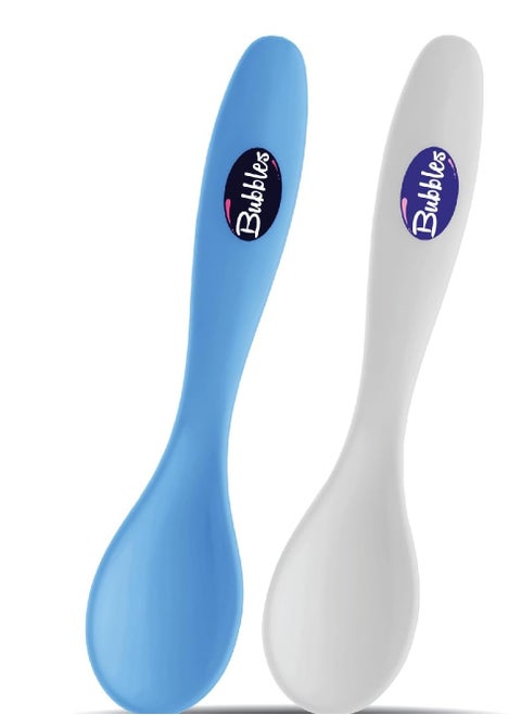 Bubbles Feeding Spoon for Baby Boy pack of 2 White with Light Blue  It is made from BPA-free polypropylene (PP) which is gentle on your baby's gums and safe for the dishwasher.  The spoon is lightweight and easy to hold thanks to its easy-grip handle