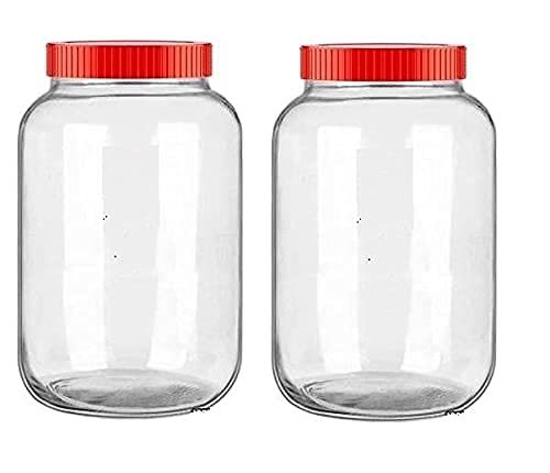 Home Stuffs New Round Cube Glass Jar with Plastic RED Lid for Kitchen Storage 2 LTR 2000 ML 2 KG Pack of 2 - Image 1