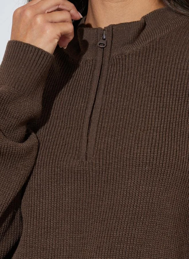 Styli  Brown Ribbed Half-Zip Regular Fit Jumper for Women | Best Price UAE