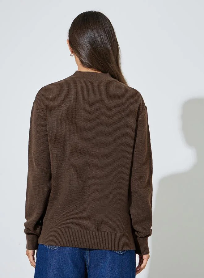Styli  Brown Ribbed Half-Zip Regular Fit Jumper for Women | Best Price UAE