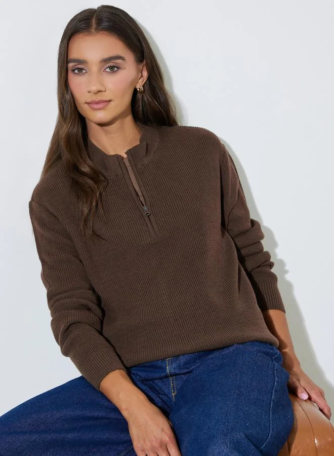 Brown Ribbed Half-Zip Regular Fit Jumper
