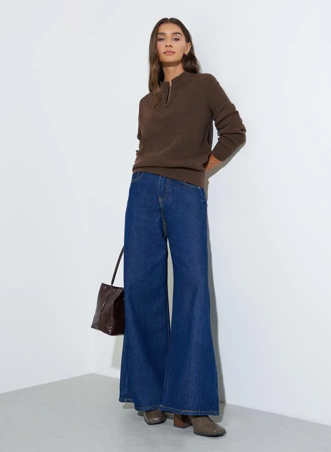 Styli  Brown Ribbed Half-Zip Regular Fit Jumper for Women | Best Price UAE