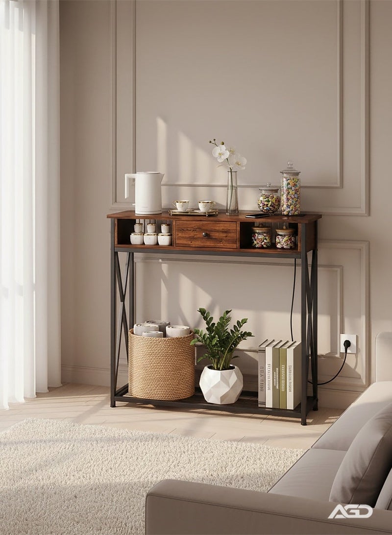 AGD Entryway Console Table with Cabinet, Distinctive Table for Living Room Bedroom 100x30x90cm with Charging Base, Modern Coffee Table with Storage Shelf, Drawers and Power Outlet, Brown - Image 3