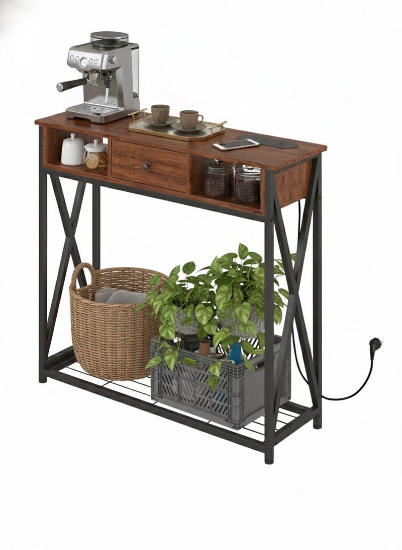 AGD Entryway Console Table with Cabinet, Distinctive Table for Living Room Bedroom 100x30x90cm with Charging Base, Modern Coffee Table with Storage Shelf, Drawers and Power Outlet, Brown - Image 1