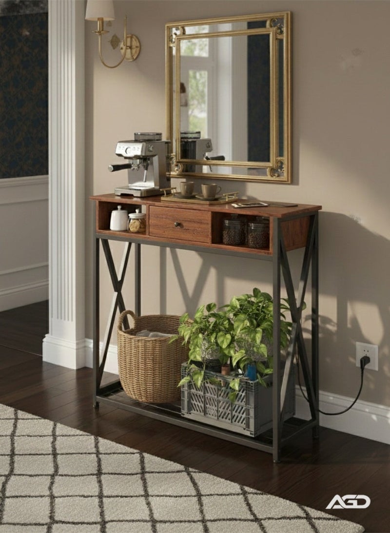 AGD Entryway Console Table with Cabinet, Distinctive Table for Living Room Bedroom 100x30x90cm with Charging Base, Modern Coffee Table with Storage Shelf, Drawers and Power Outlet, Brown - Image 2