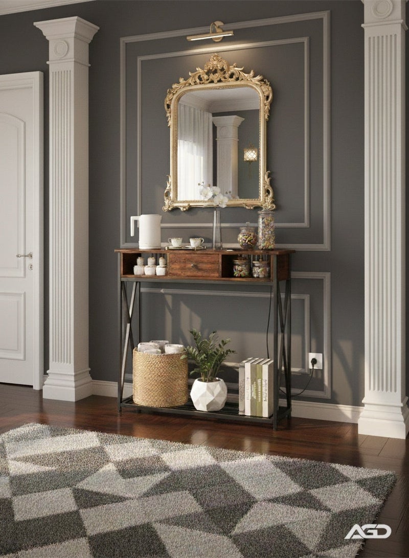 AGD Entryway Console Table with Cabinet, Distinctive Table for Living Room Bedroom 100x30x90cm with Charging Base, Modern Coffee Table with Storage Shelf, Drawers and Power Outlet, Brown - Image 4