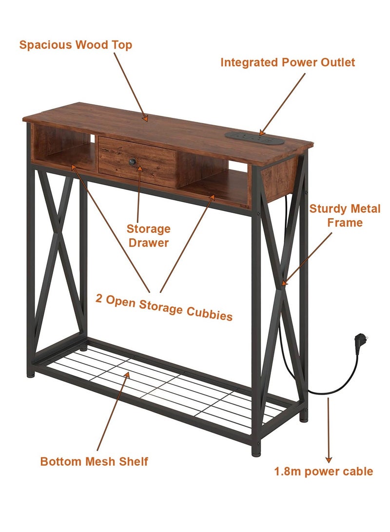 AGD Entryway Console Table with Cabinet, Distinctive Table for Living Room Bedroom 100x30x90cm with Charging Base, Modern Coffee Table with Storage Shelf, Drawers and Power Outlet, Brown - Image 5