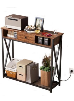 AGD Entryway Console Table with Cabinet, Distinctive Table for Living Room Bedroom 100x30x90cm with Charging Base, Modern Coffee Table with Storage Shelf, Drawers and Power Outlet, Brown  - Image 1