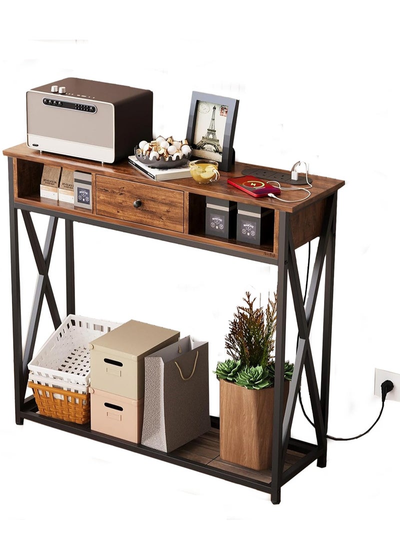 AGD - Entryway Console Table with Cabinet, Distinctive Table for Living Room Bedroom 100x30x90cm with Charging Base, Modern Coffee Table with Storage Shelf, Drawers and Power Outlet, Brown - Image 1