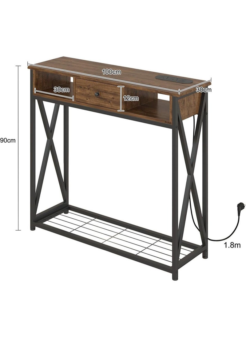 AGD - Entryway Console Table with Cabinet, Distinctive Table for Living Room Bedroom 100x30x90cm with Charging Base, Modern Coffee Table with Storage Shelf, Drawers and Power Outlet, Brown - Image 1