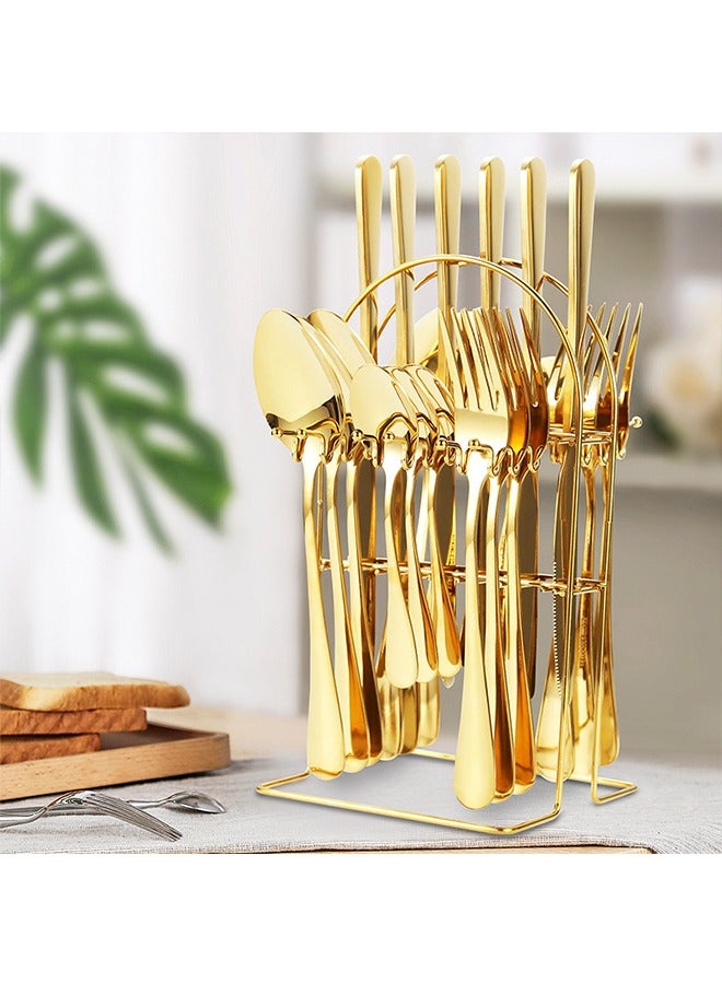 Simple Western-style tableware, light luxury steak tableware, knife, fork and spoon set, stainless steel 24-piece set for family gatherings, a full set of European-style tableware in a high-end gift box, golden hotel business tableware  - Image 1