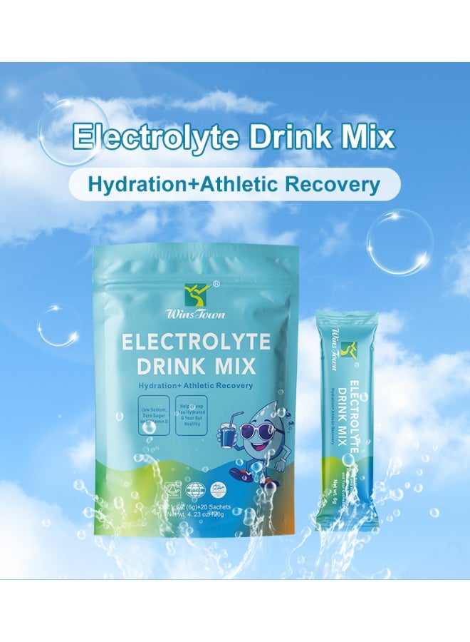 Wins Town مسحوق الإلكتروليتات للترطيب اليومي، مشروب مسحوق الإلكتروليتات خالي من السكر مع الفيتامينات والزنك، نكهات متنوعة، حمض الأسيتيك العضوي، حمض الماليك العضوي، ألياف التوت البري الطبيعية، البرسيم الأرجواني الطبيعي. ستيفيا عضوية، مستخلص التوت الأزرق، بنجر عضوي، مركب المغذيات الدقيقة، 20 كيساً - Image 2