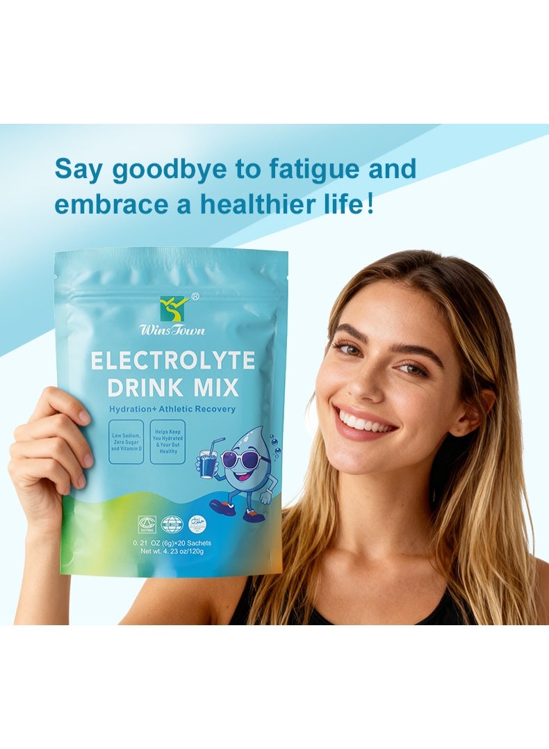 Wins Town مسحوق الإلكتروليتات للترطيب اليومي، مشروب مسحوق الإلكتروليتات خالي من السكر مع الفيتامينات والزنك، نكهات متنوعة، حمض الأسيتيك العضوي، حمض الماليك العضوي، ألياف التوت البري الطبيعية، البرسيم الأرجواني الطبيعي. ستيفيا عضوية، مستخلص التوت الأزرق، بنجر عضوي، مركب المغذيات الدقيقة، 20 كيساً - Image 3