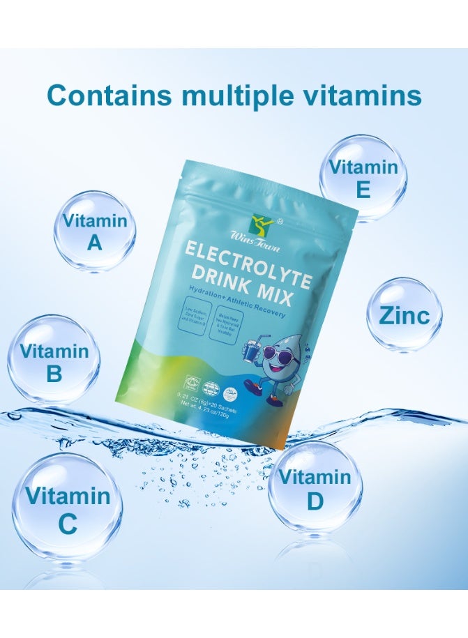 Wins Town مسحوق الإلكتروليتات للترطيب اليومي، مشروب مسحوق الإلكتروليتات خالي من السكر مع الفيتامينات والزنك، نكهات متنوعة، حمض الأسيتيك العضوي، حمض الماليك العضوي، ألياف التوت البري الطبيعية، البرسيم الأرجواني الطبيعي. ستيفيا عضوية، مستخلص التوت الأزرق، بنجر عضوي، مركب المغذيات الدقيقة، 20 كيساً - Image 5