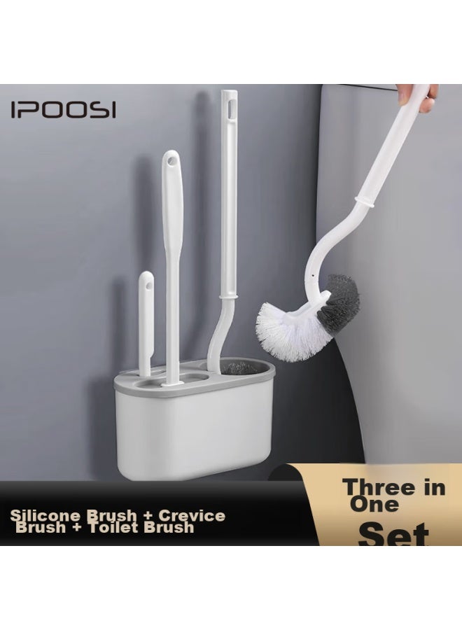 Bao Shi Baoshi Toilet Brush Three-piece Set, Bathroom Toilet Gap Cleaning Brush, Wall-mounted Silicone Brush, No Dead Angle Cleaning Tool - Image 1