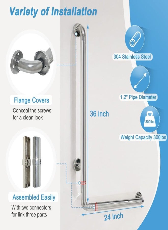 Zelen Shower Grab Bar for Seniors Toilet Safety Grab Bars L Shaped Bathroom Hand Rails Wall Mount 24 Inch x 36 Inch Grab Bar for Bathroom Bathtub Handicap Safety Grab Bar Stainless Steel Angle Bar - Image 3