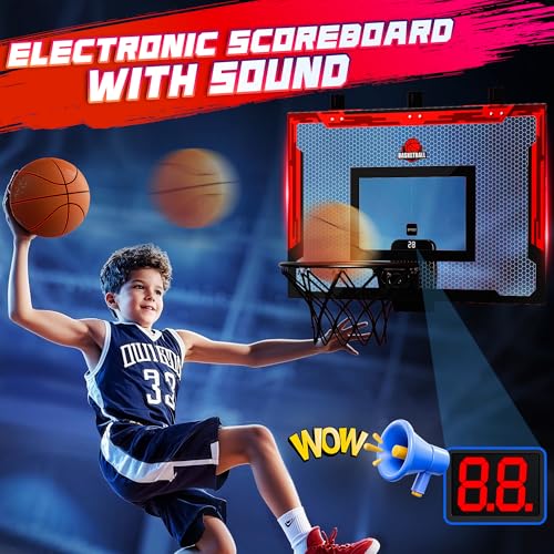 flybakiz 24" x 16" Indoor Large Basketball Hoop Toy - Upgraded Adjustable Height Basketball Hoop Over The Door with Scoreboard/2 Balls, Basketball Toys Christmas Birthday Gifts for Kids & Adults(Red) - Image 4