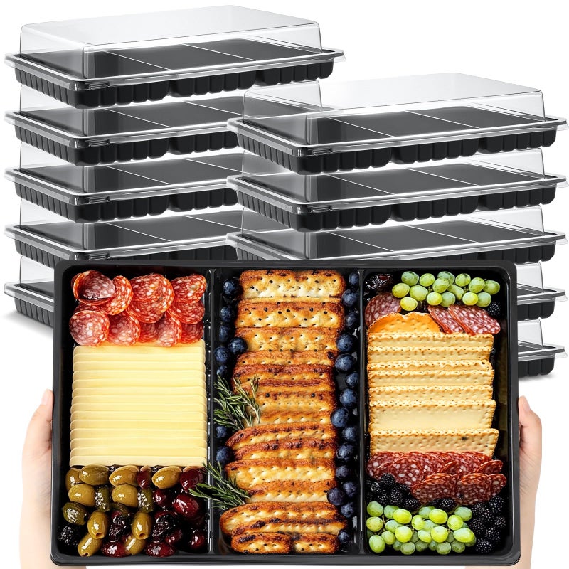 Shellwei 10 Pack 3 Section Large Divided Charcuterie Board with Lid Disposable Travel Catering Serving Trays 15 x 10 Inch Plastic Cake Cookie Serving Platter for Halloween Thanksgiving Black