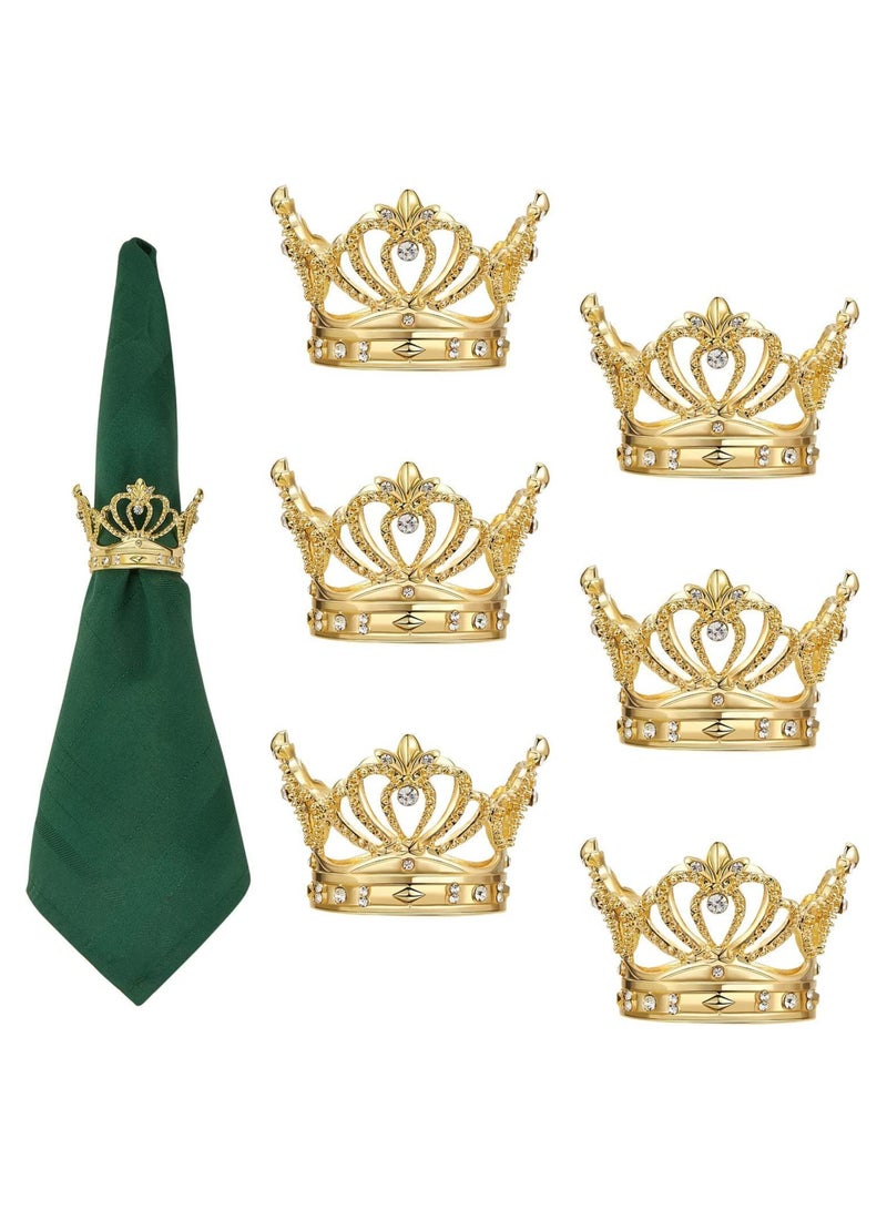 خواتم مناديل ذهبية 6 قطع، خواتم مناديل بتصميم تاج مع أحجار الراين، حلقات مناديل مجوفة، حوامل مناديل، مشبك مناديل فخم للزينة المنزلية، تعديلات رائعة لتزيين طاولة العشاء في الحفلات وأعراس. - Image 1
