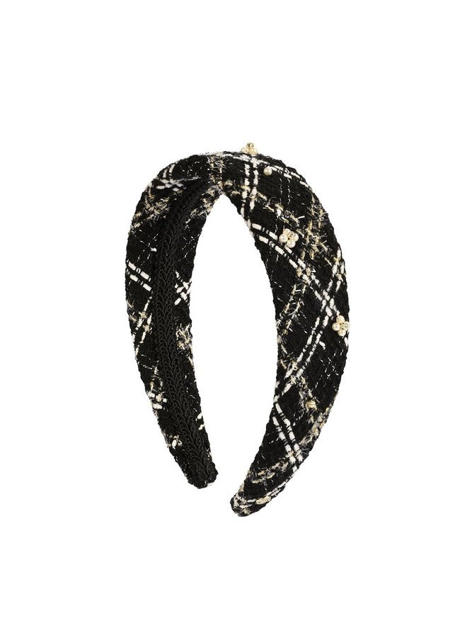 EVITA PERONI Fabric Cloth Headband For Women Black White Vintage Tweed Pearl Wide Hair Band Wedding Accessories For Women… - Image 1