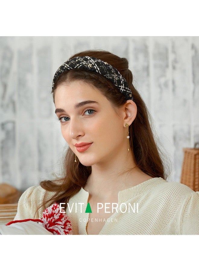 EVITA PERONI Fabric Cloth Headband For Women Black White Vintage Tweed Pearl Wide Hair Band Wedding Accessories For Women… - Image 2