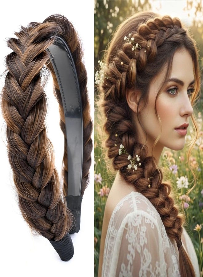 DIGUAN Wide Messy Braided Headband With Teeth Synthetic Hair Plaited Headband High Elasticity Braids Chunky Fishtail Braided Hair Band for Girls Women (Chocolate Toast) - Image 1