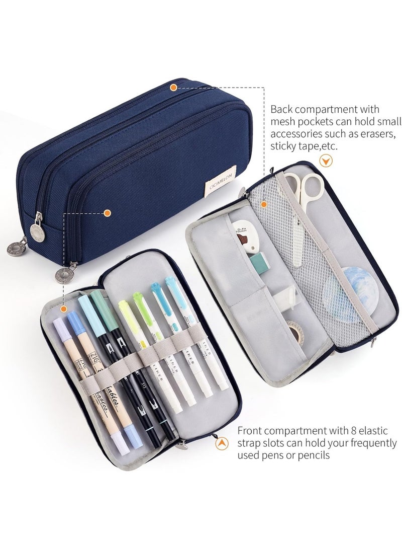 ANGOO Large Capacity Pencil Case 3 Compartment Pouch Pen Bag for School Teen Girl Boy Men Women (Navy) - Image 2