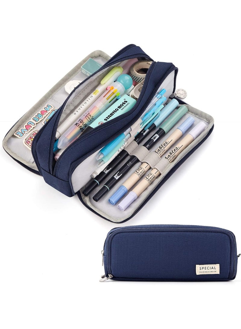 ANGOO Large Capacity Pencil Case 3 Compartment Pouch Pen Bag for School Teen Girl Boy Men Women (Navy) - Image 3