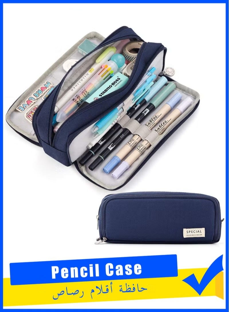 ANGOO Large Capacity Pencil Case 3 Compartment Pouch Pen Bag for School Teen Girl Boy Men Women (Navy) - Image 1