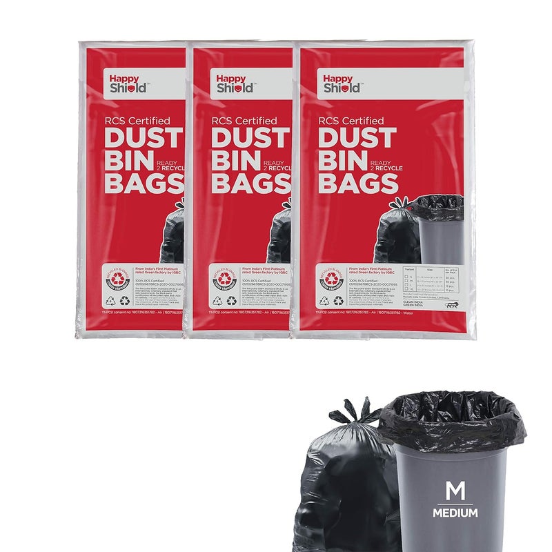 Happy Shield Happy Shield RCS Certified Garbage Bags 90 Pieces Medium 19x21 Inches 30 piecespack Pack of 3 Black  - Image 1