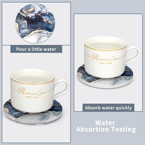 Dksyee 6 Pcs Navy Blue Marble Abstract Ceramic Coasters with Holder Best Absorbent Drink Coasters Round Ceramic Table Coasters Set Decorative Coffee Cup Beverage Coasters Wine Beer Bar Coasters - Image 4