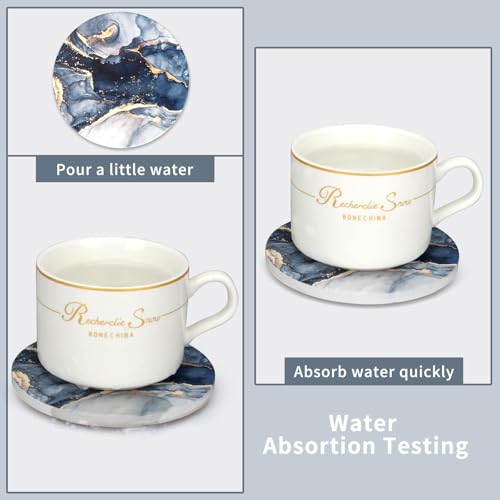 Dksyee 6 Pcs Navy Blue Marble Abstract Ceramic Coasters with Holder Best Absorbent Drink Coasters Round Ceramic Table Coasters Set Decorative Coffee Cup Beverage Coasters Wine Beer Bar Coasters - Image 3