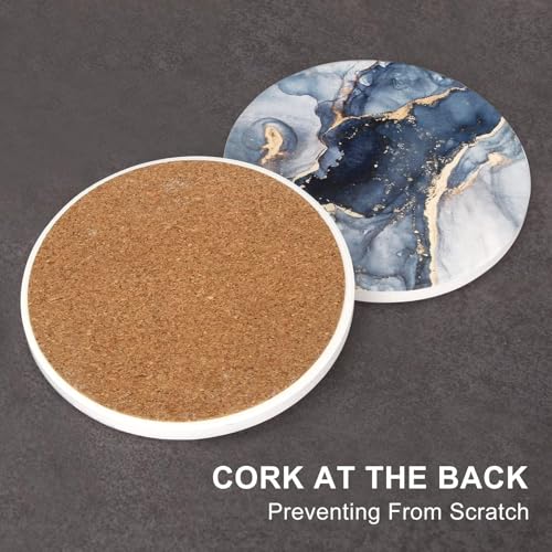 Dksyee 6 Pcs Navy Blue Marble Abstract Ceramic Coasters with Holder Best Absorbent Drink Coasters Round Ceramic Table Coasters Set Decorative Coffee Cup Beverage Coasters Wine Beer Bar Coasters - Image 5