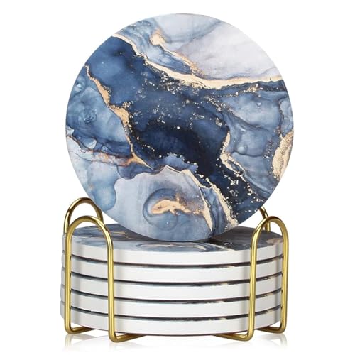 Dksyee 6 Pcs Navy Blue Marble Abstract Ceramic Coasters with Holder Best Absorbent Drink Coasters Round Ceramic Table Coasters Set Decorative Coffee Cup Beverage Coasters Wine Beer Bar Coasters - Image 1