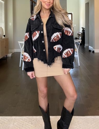 SeekMe Women's Cropped Corduroy Jacket Football Sequin Patched Short Button Raw Hem Jacket Coat(1756-Black-XL-FY) - Image 3
