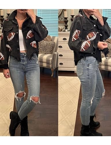 SeekMe Women's Cropped Corduroy Jacket Football Sequin Patched Short Button Raw Hem Jacket Coat(1756-Black-XL-FY) - Image 4