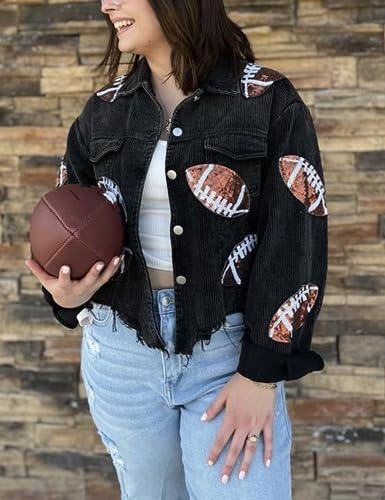 SeekMe Women's Cropped Corduroy Jacket Football Sequin Patched Short Button Raw Hem Jacket Coat(1756-Black-XL-FY) - Image 2