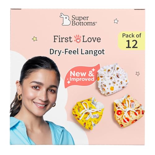 SuperBottoms DryFeel Baby Langot 0-6 months l Organic Cotton Modern Baby Nappy l Mess-free Langot with Gentle Elastics l Super DryFeel Top Layer l Diaper-free Time Essential | 12 Pack - Image 1