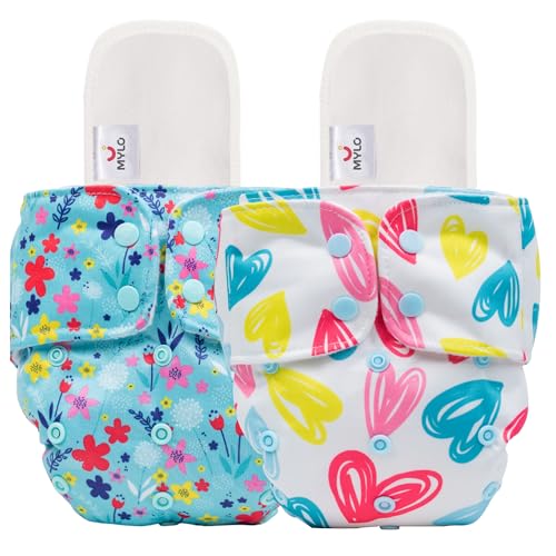 Mylo Leak-Proof Baby Cloth Diaper Combo (2 Diapers + 2 Inserts) | Free Size (3M-3Y) | High Absorption | Quick Dry | Oeko-Tex Certified | Washable - Floral & Heart - Image 1